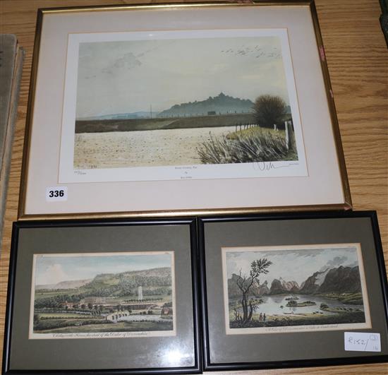 A limited edition Ron Deller Rye print and two small coloured prints, largest 37 x 30cm